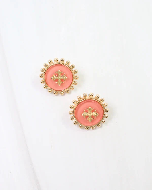 Caroline Hill Kempsey Coin Stud Earring Coral pair of oval stud earrings with coral pink centers, gold floral motifs, and gold beaded borders