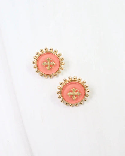 Caroline Hill Kempsey Coin Stud Earring Coral pair of oval stud earrings with coral pink centers, gold floral motifs, and gold beaded borders