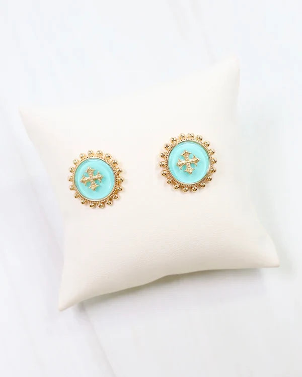 Caroline hill Kempsey Coin Stud Earring Turquoise, a pair of gold-tone stud earrings with oval turquoise blue centers and a floral motif.