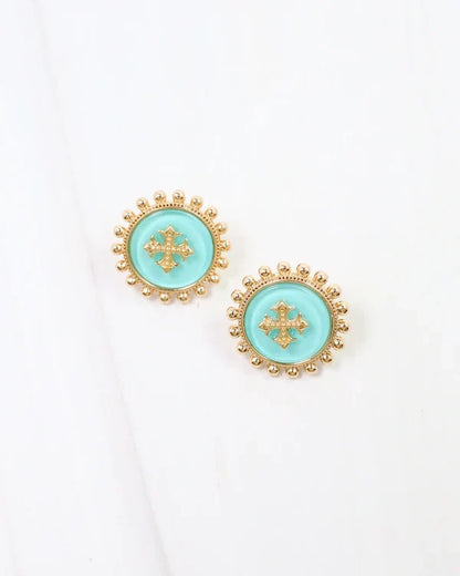 Caroline hill Kempsey Coin Stud Earring Turquoise, a pair of gold-tone stud earrings with oval turquoise blue centers and a floral motif.