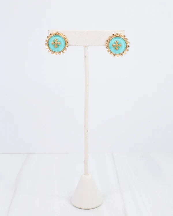 Caroline hill Kempsey Coin Stud Earring Turquoise, a pair of gold-tone stud earrings with oval turquoise blue centers and a floral motif.