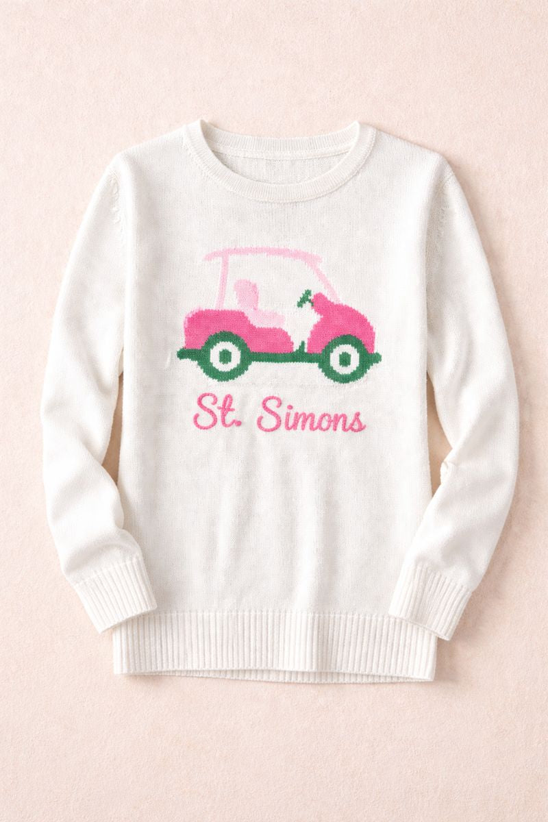 Pink Pineapple St Simons Golf Cart sweater, cozy knit sweater featuring golf cart design, perfect for casual wear.