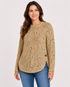 A woman wearing a textured, long-sleeve knit sweater in a beige and yellow heathered pattern with small multicolor flecks, Confetti Side Button Sweater