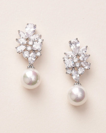 Cubic Zirconia Cluster Pearl Drop Clip-on Earrings