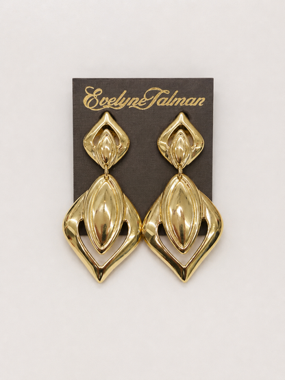 Cutout Geometric Drop Clip-on Earrings pair of gold statement drop earrings with a geometric, layered marquise-like design