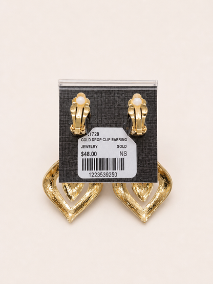 Cutout Geometric Drop Clip-on Earrings pair of gold statement drop earrings with a geometric, layered marquise-like design