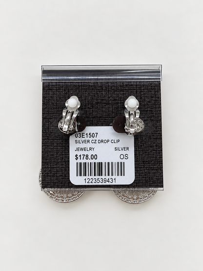 A pair of large silver-tone drop earrings with multiple circular clusters of clear stones, Double Circle CZ Clip-on Earrings