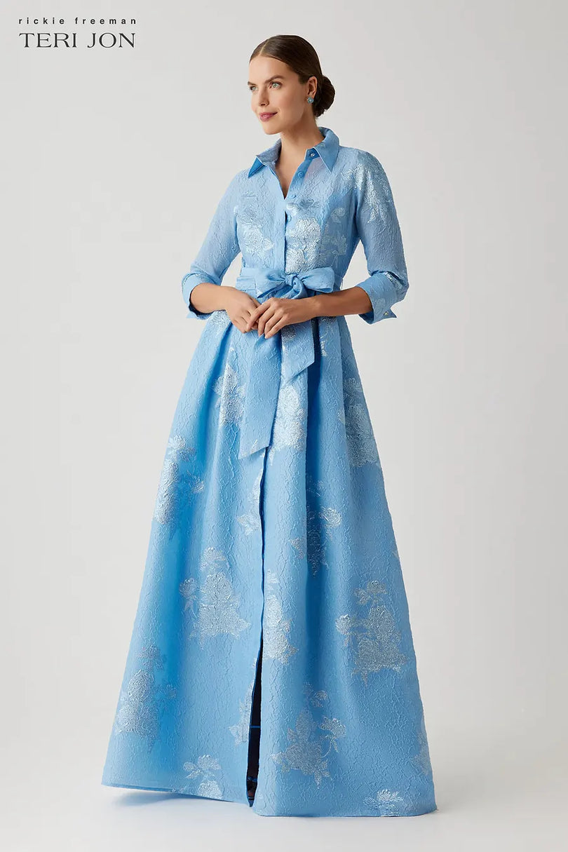 Metallic Jacquard Long Evening Dress