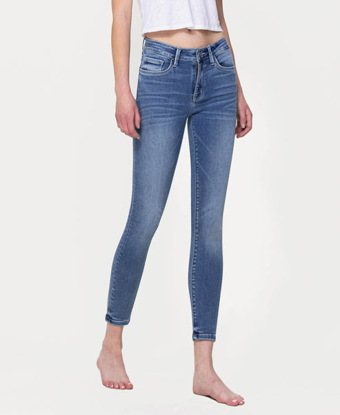 Flying Monkey mid-rise super soft crop pants in dark denim, shown with a close-up of the fabric and fit.