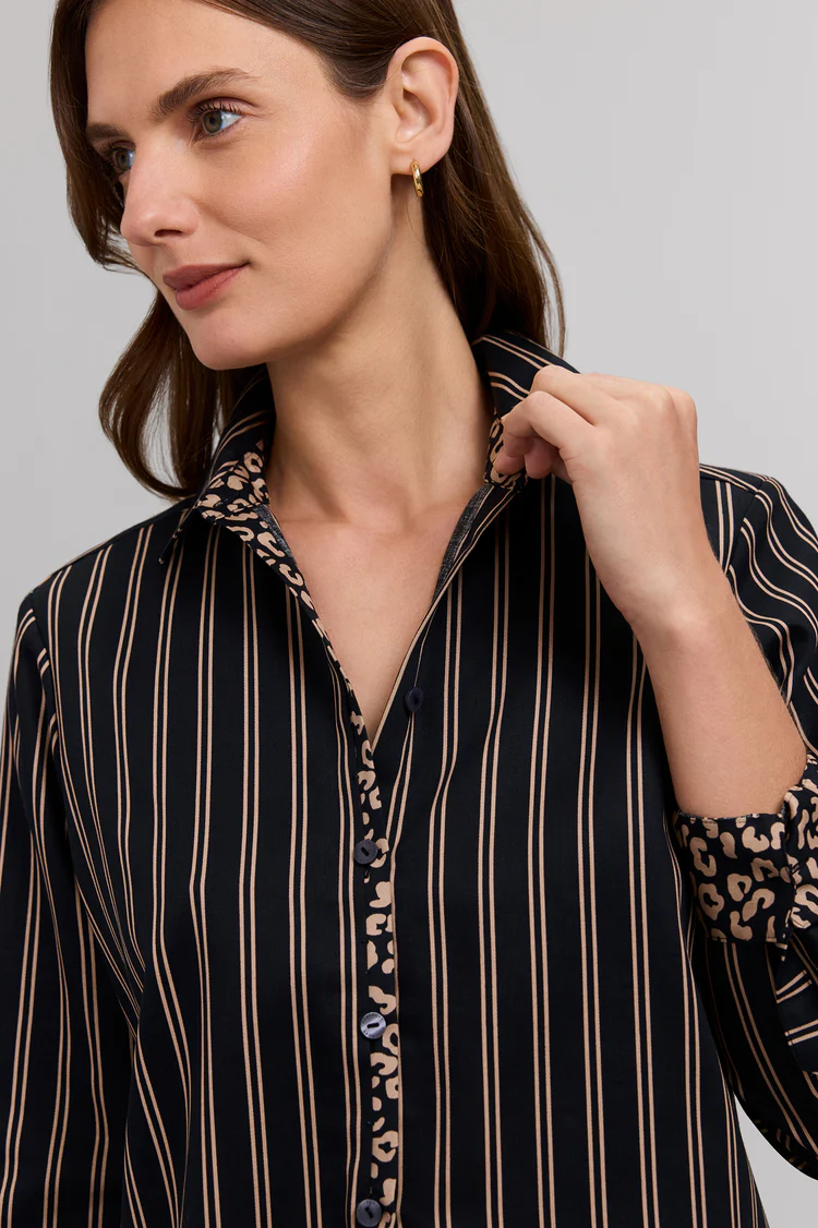 Women’s Foxcroft Black and Almond Charlie Animal Border Long Sleeve Shirt