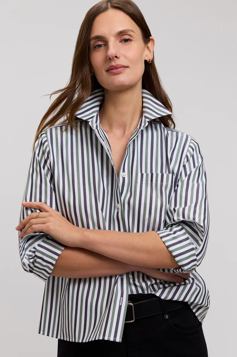 Women’s Foxcroft Jodie No Iron Pinpoint Stripe Long Sleeve Short Shirt Olive