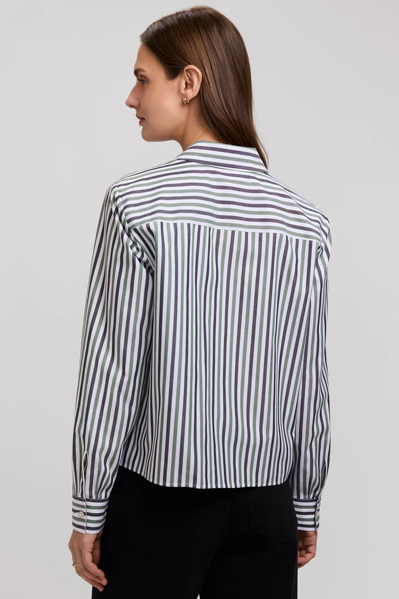 Women’s Foxcroft Jodie No Iron Pinpoint Stripe Long Sleeve Short Shirt Olive