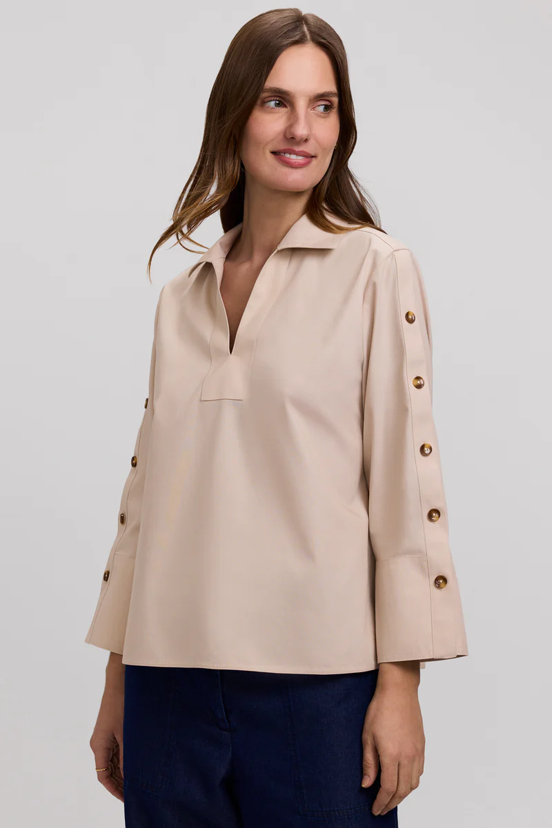 Women’s Foxcroft Lainey No Iron Pinpoint 3/4 Button Sleeve Shirt Light Khaki 