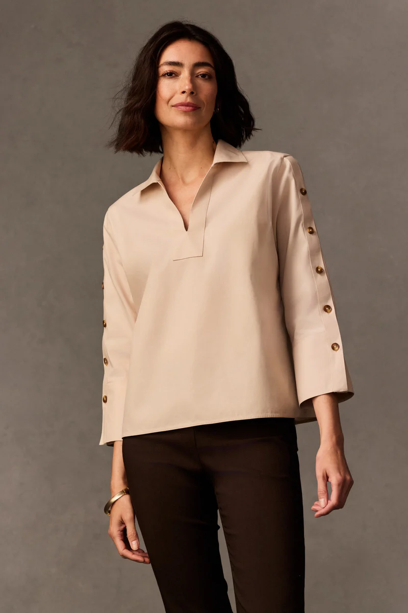 Women’s Foxcroft Lainey No Iron Pinpoint 3/4 Button Sleeve Shirt Light Khaki 