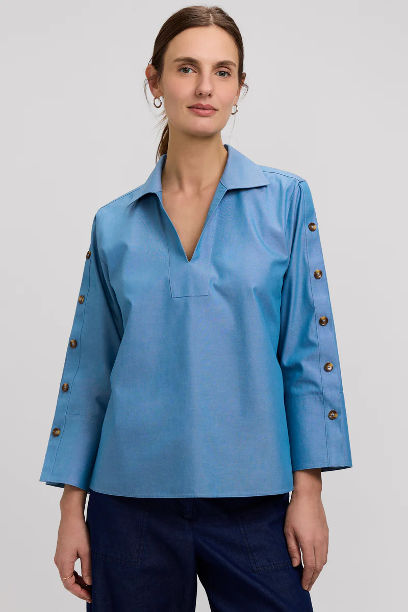 Women’s Foxcroft Lainey No Iron Pinpoint 3/4 Button Sleeve Shirt Soft Indigo Blue