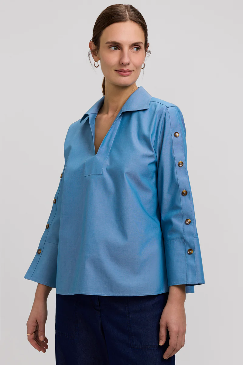 Women’s Foxcroft Lainey No Iron Pinpoint 3/4 Button Sleeve Shirt Soft Indigo Blue