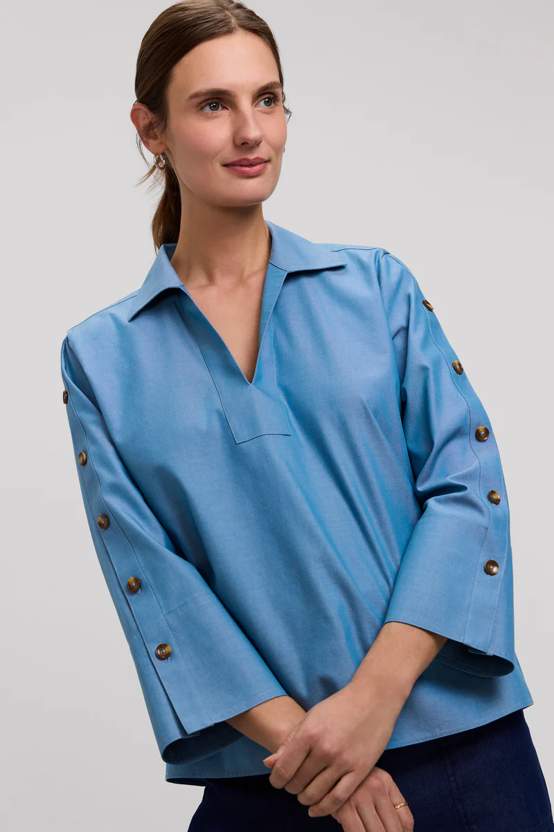 Women’s Foxcroft Lainey No Iron Pinpoint 3/4 Button Sleeve Shirt Soft Indigo Blue