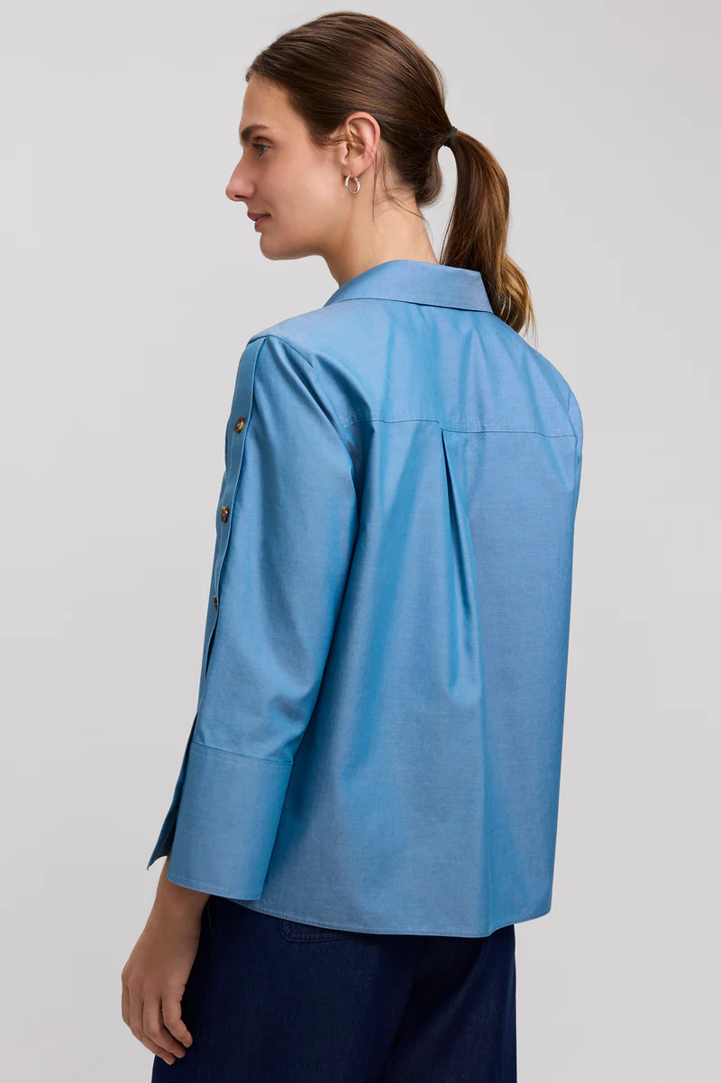 Women’s Foxcroft Lainey No Iron Pinpoint 3/4 Button Sleeve Shirt Soft Indigo Blue