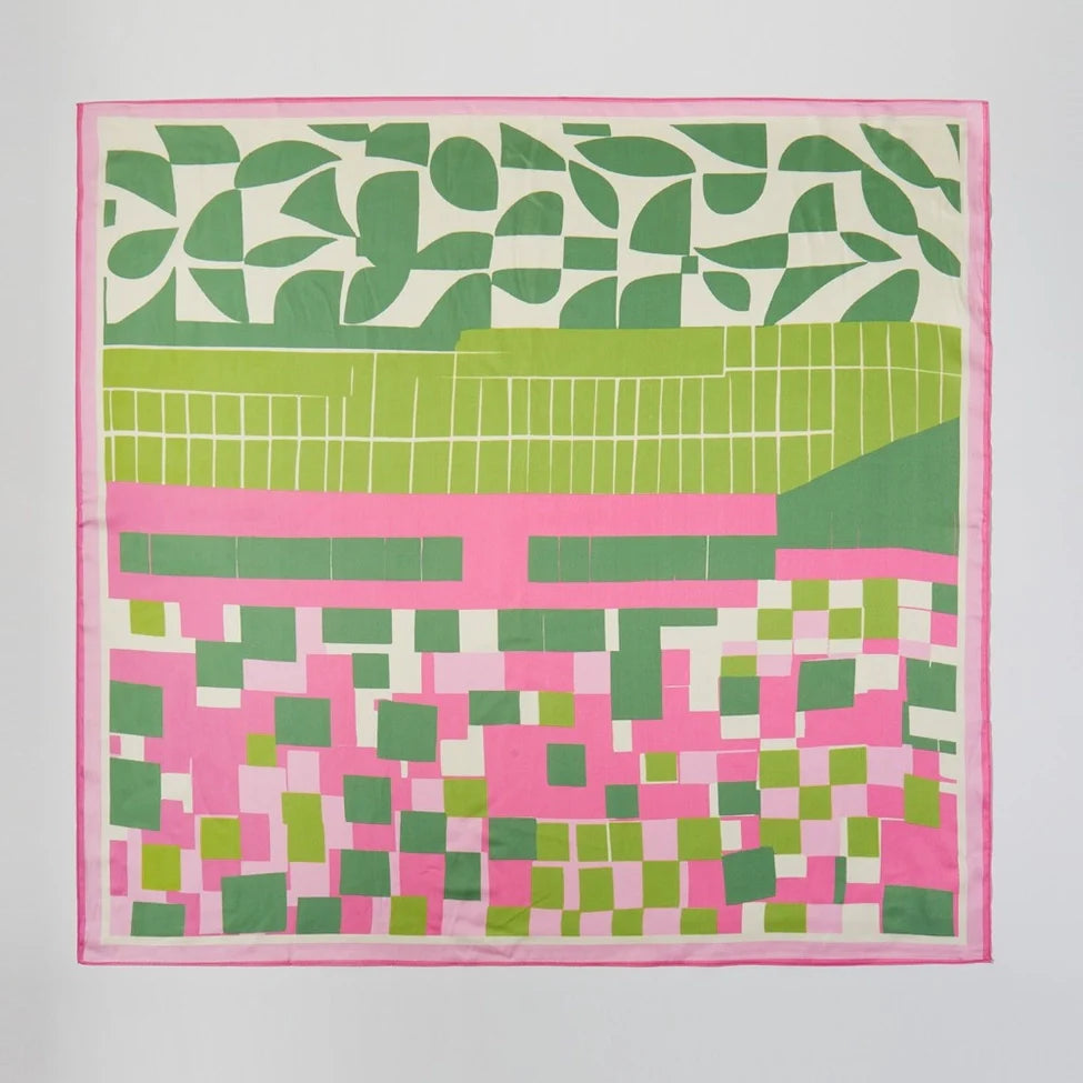 Colorful patterned scarf with pink and green design