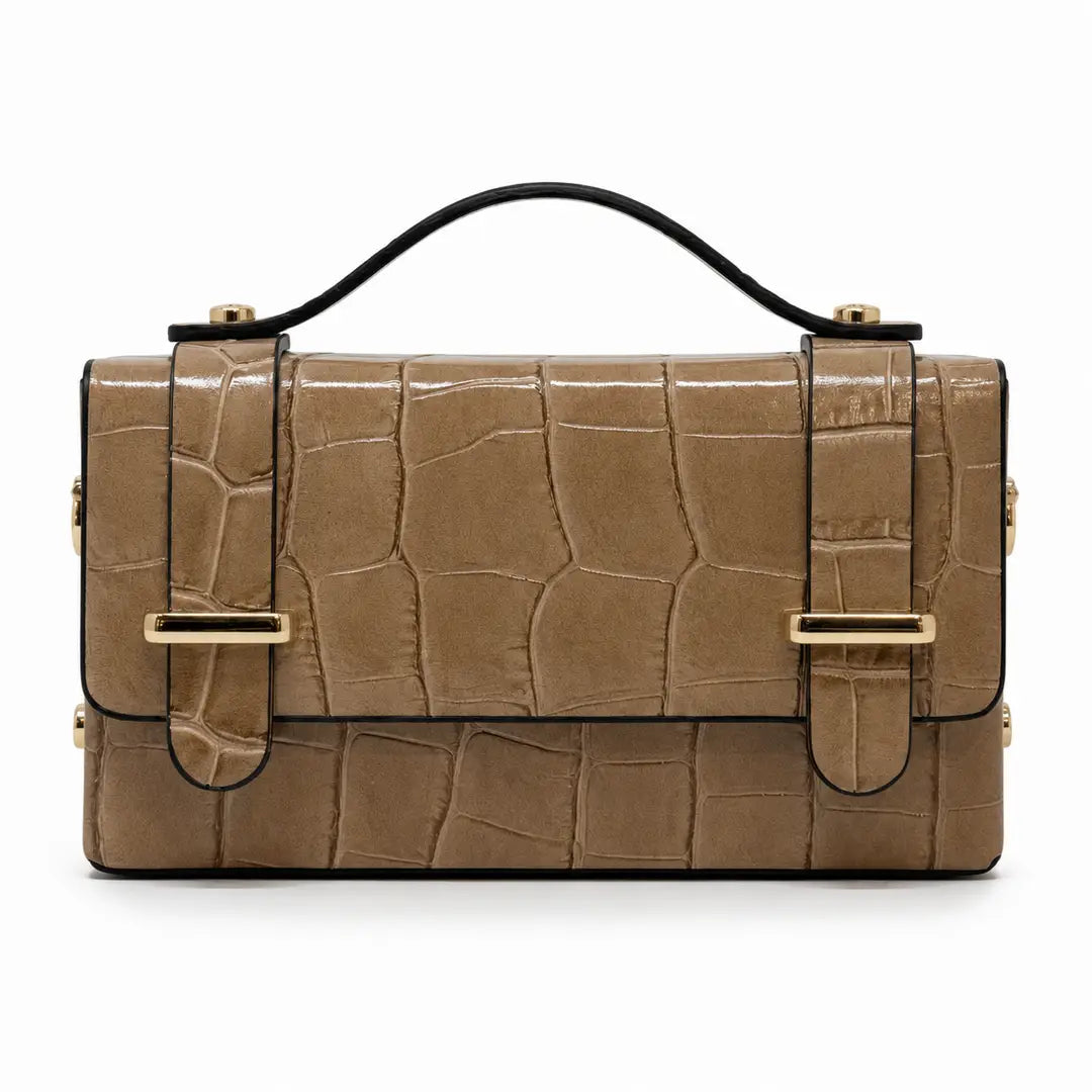 A structured brown faux-crocodile leather handbag with a top handle, black trim, and gold-tone hardware by German Fuentes Leather Handbag with Crocco