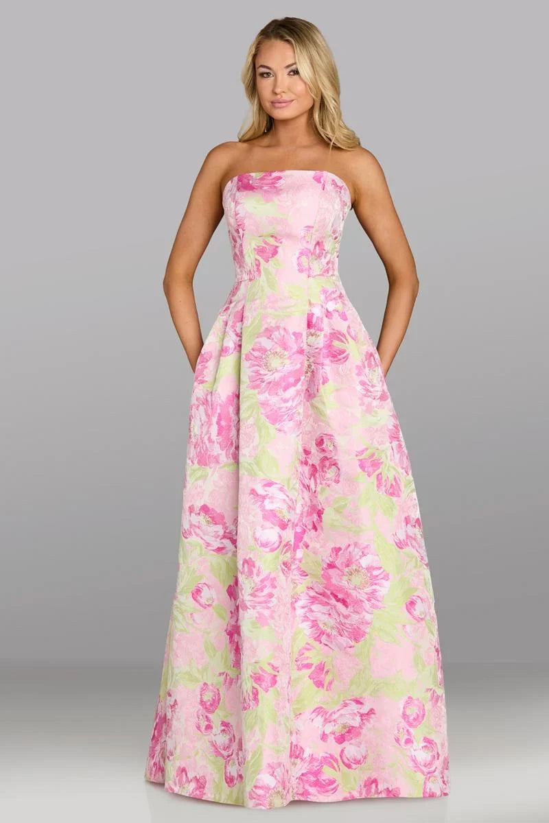 Pink &amp; Green Strapless Floral A-Line Gown Gia Franco Feriani Couture - 18644