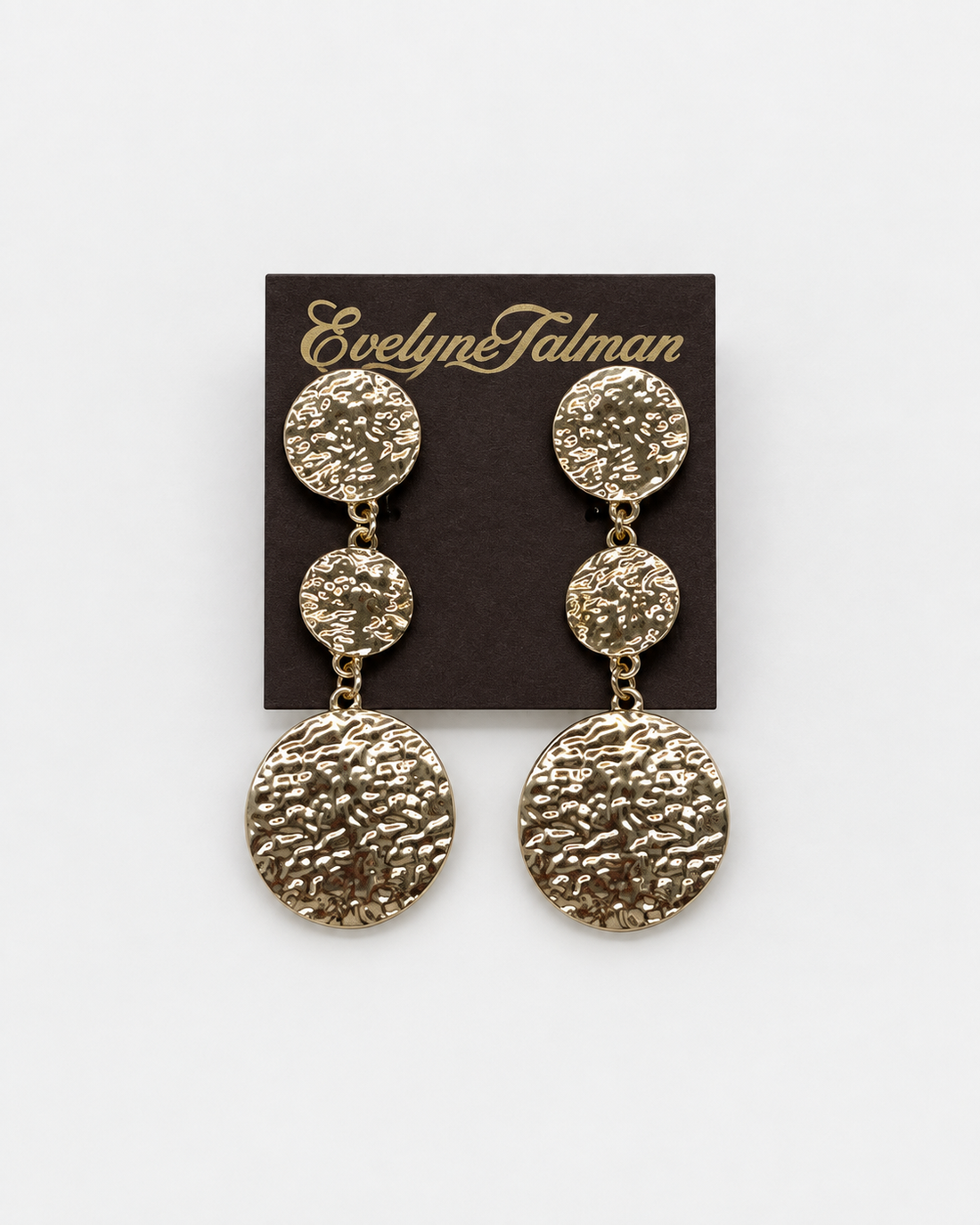 A pair of textured gold-tone drop clip on earrings with three circular discs on each earring, Gold Hammered Triple Drop Clip-on Earring