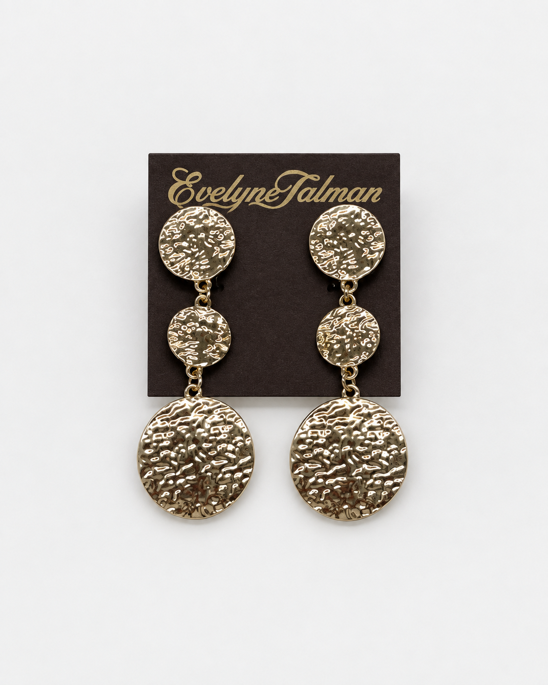 A pair of textured gold-tone drop clip on earrings with three circular discs on each earring, Gold Hammered Triple Drop Clip-on Earring