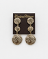 A pair of textured gold-tone drop clip on earrings with three circular discs on each earring, Gold Hammered Triple Drop Clip-on Earring