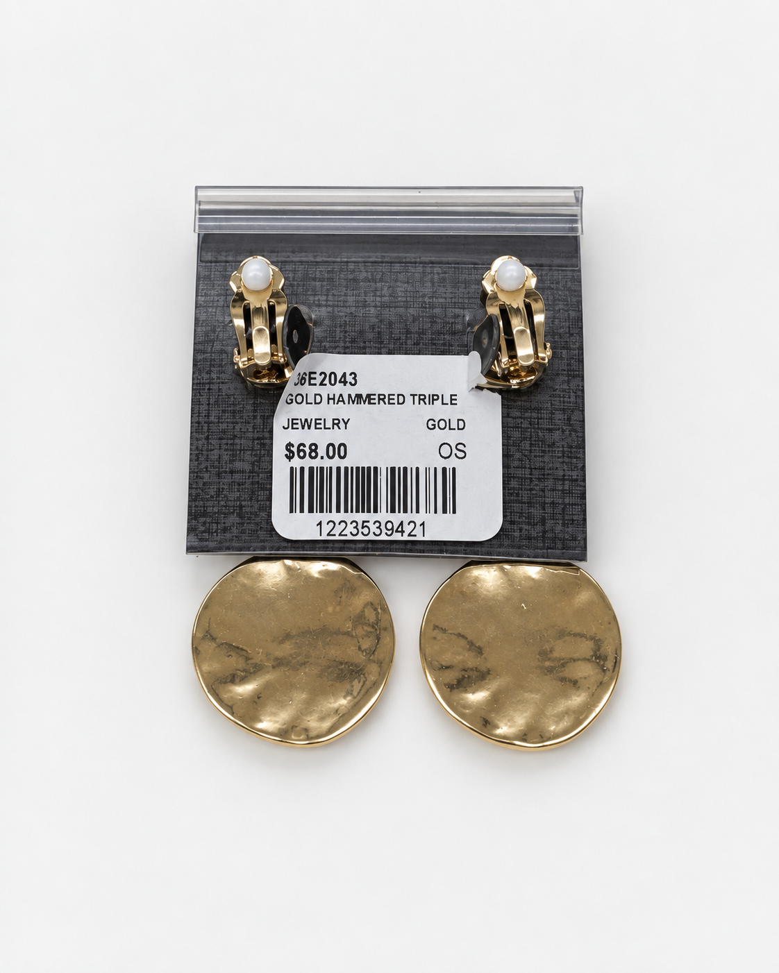 A pair of textured gold-tone drop clip on earrings with three circular discs on each earring, Gold Hammered Triple Drop Clip-on Earring