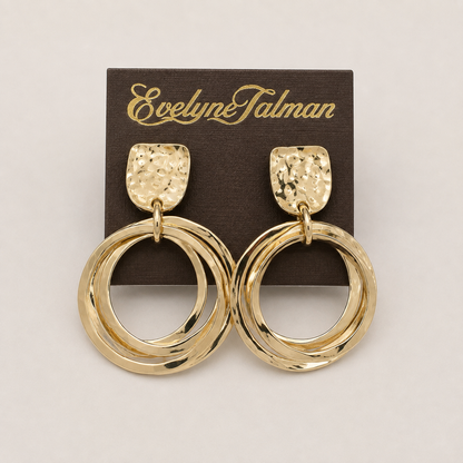 A pair of gold-tone double hoop drop earrings with textured square studs.