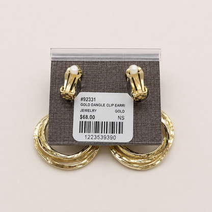 A pair of gold-tone double hoop drop earrings with textured square studs.