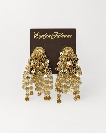 A pair of gold-toned dangling earrings with layered sequins and beads, Gold Waterfall Earring