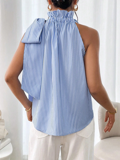 Women’s High-Neck Bow-Tied Sleeveless Shirt blue and white striped sleeveless top with a bow detail