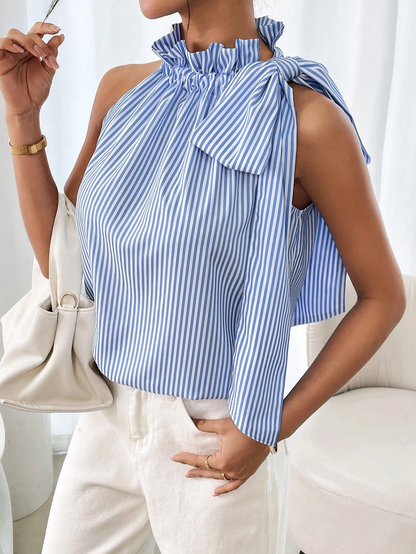 Women’s High-Neck Bow-Tied Sleeveless Shirt blue and white striped sleeveless top with a bow detail