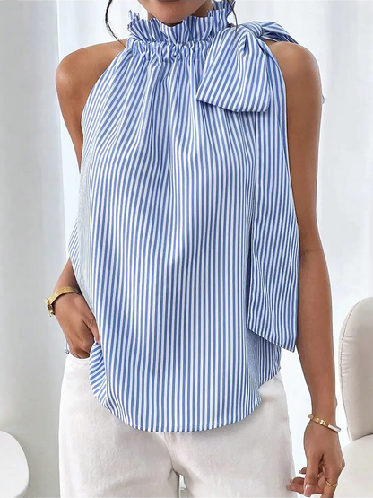 Women’s High-Neck Bow-Tied Sleeveless Shirt blue and white striped sleeveless top with a bow detail