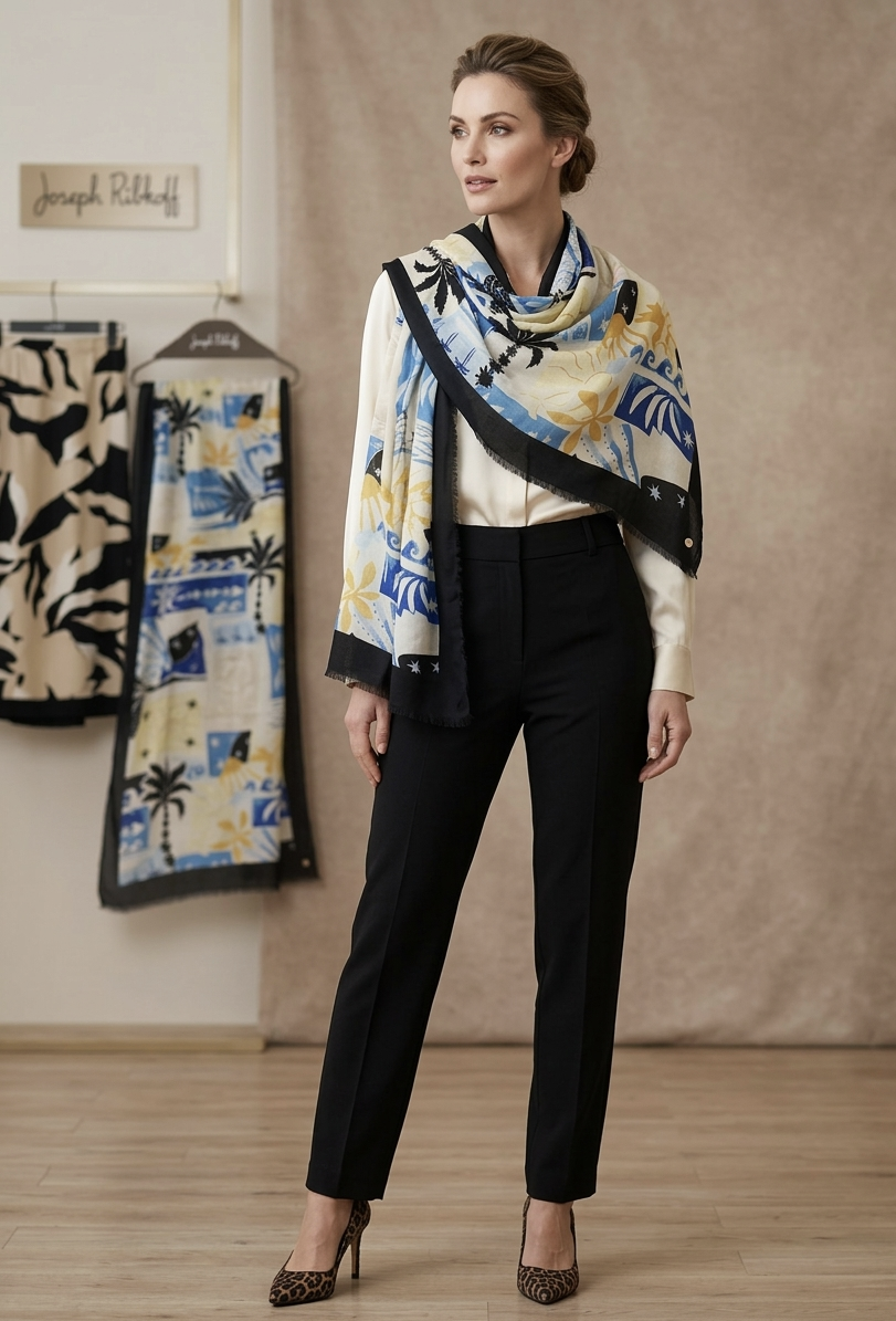 Joseph Ribkoff print scarf with fringed edges, featuring a stylish design and lightweight fabric, perfect for accessorizing outfits.