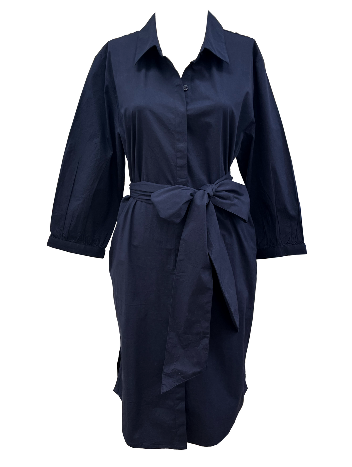 Navy Rosey Midi Dress by Soleil De Mer, stylish PL apparel with a flowy silhouette, showcased on a model.