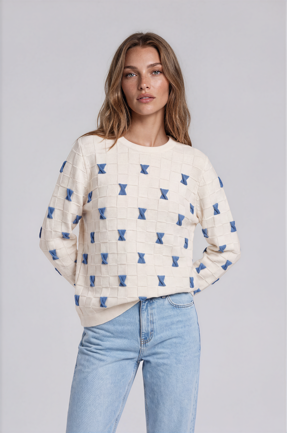 Ivory Sweater with Blue Bows