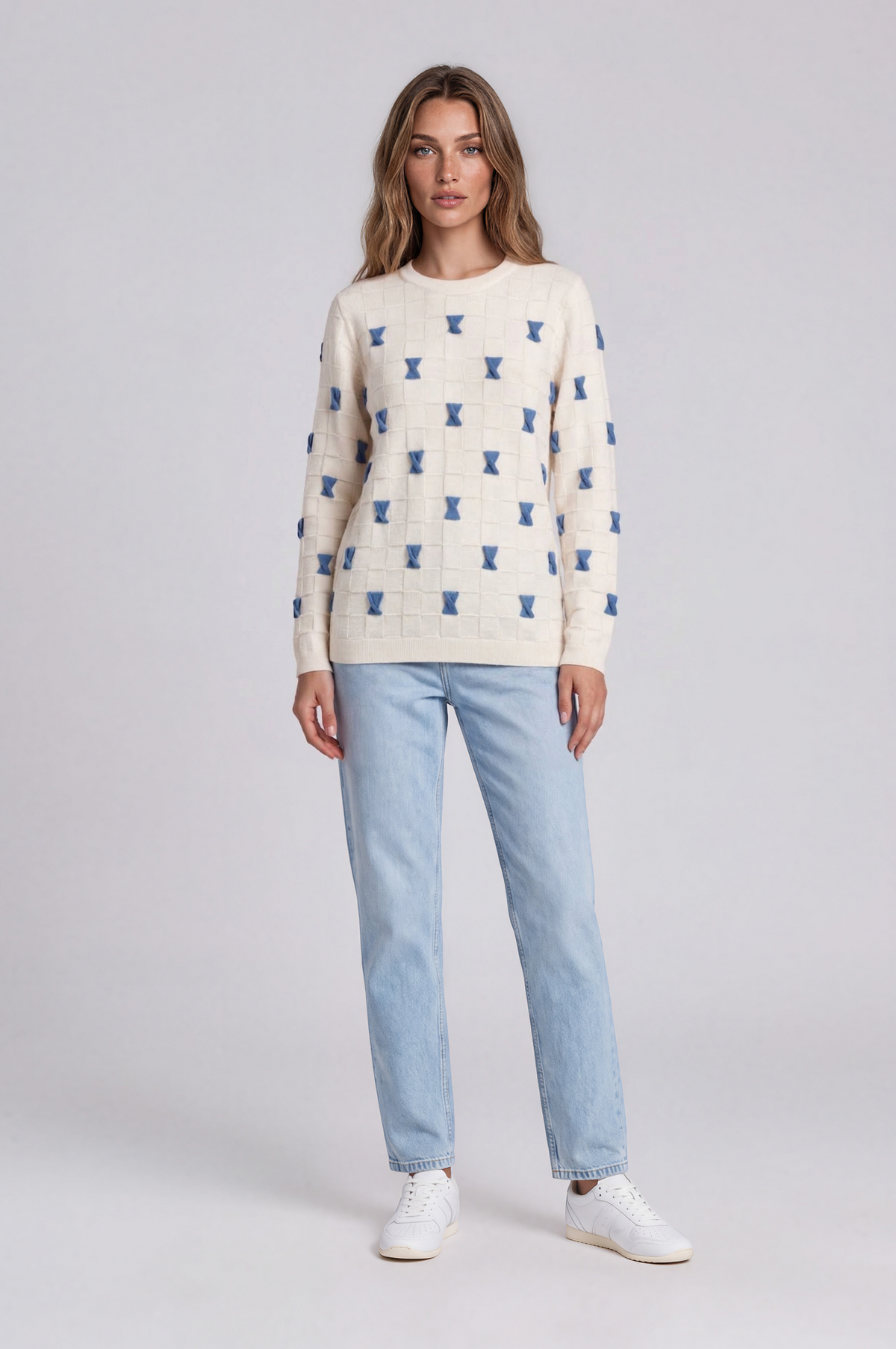Ivory Sweater with Blue Bows
