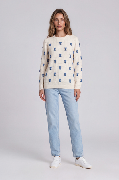 Ivory Sweater with Blue Bows