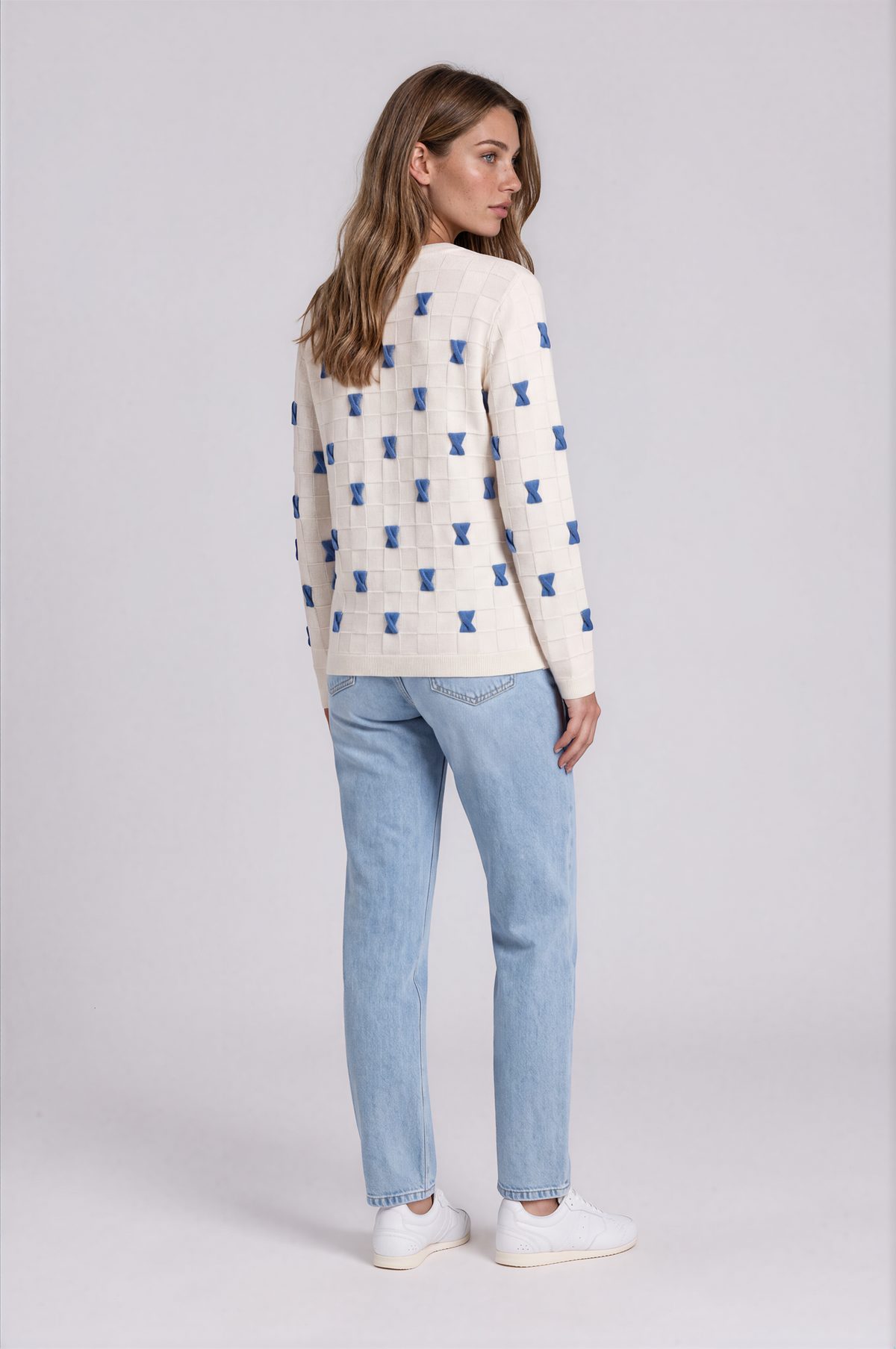 Ivory Sweater with Blue Bows