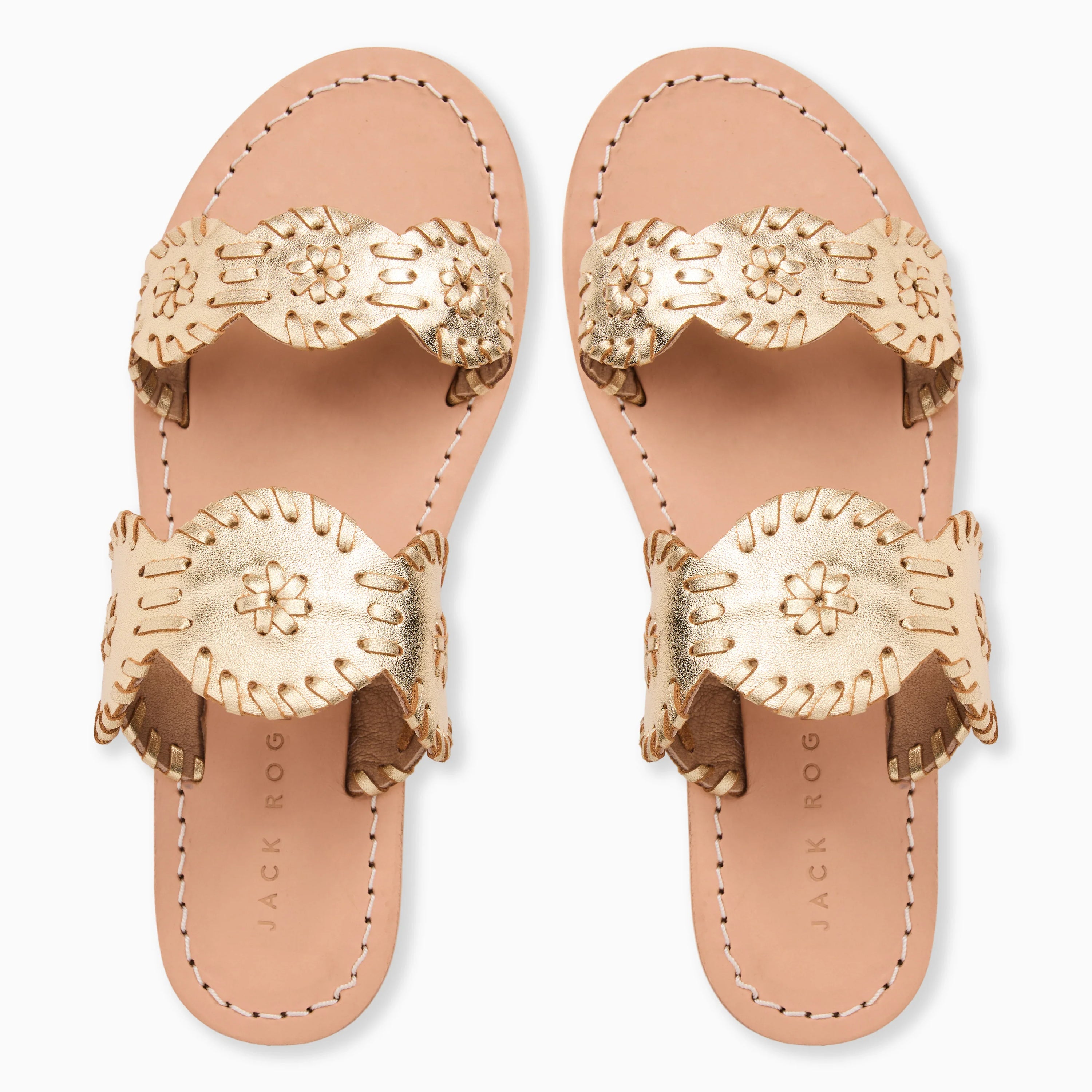 Girls Laurin sandal by Jack Rogers featuring tan leather straps and classic woven sole design.