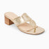 Jack rogers Jacks City Heel Metallic Platinum  metallic gold flat sandal with a block heel, featuring decorative cutout floral details on the strap and toe loop
