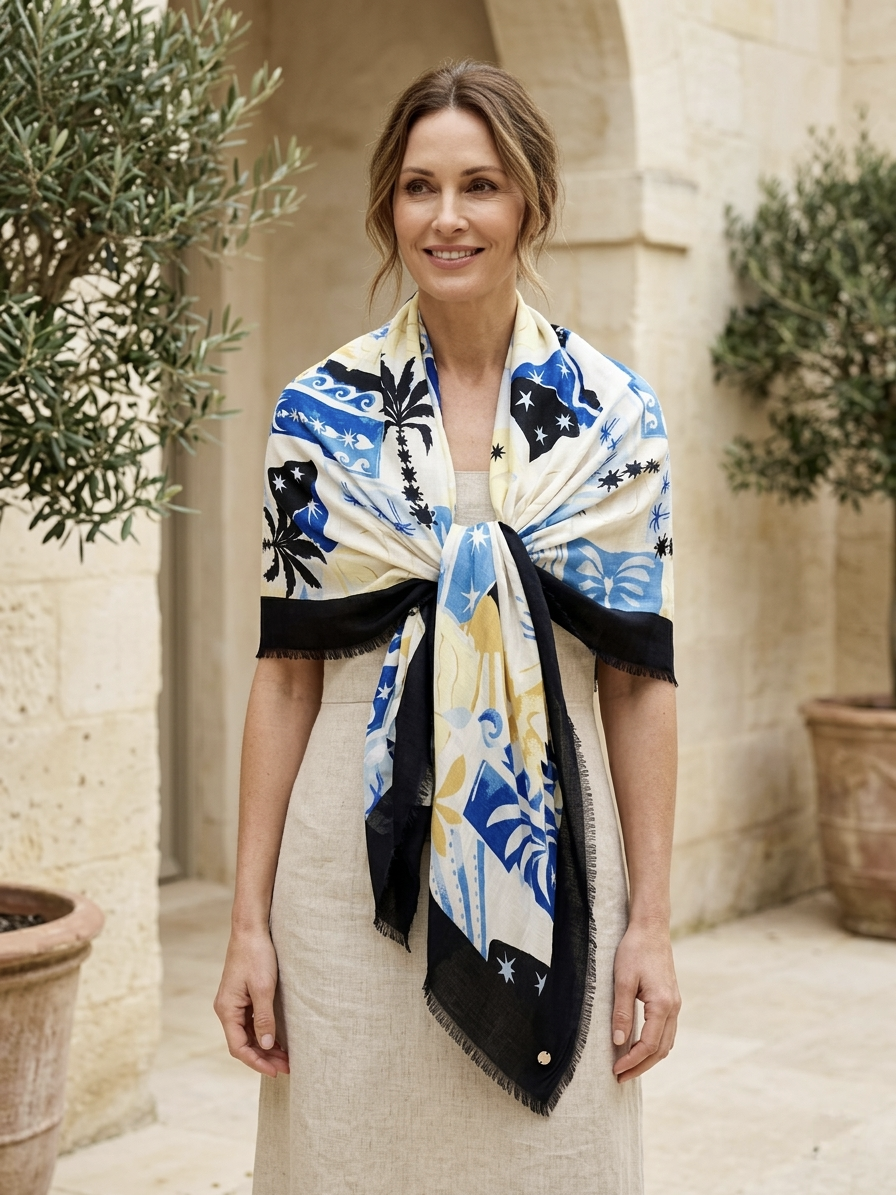 Joseph Ribkoff print scarf with fringe, featuring artistic design and lightweight fabric in a stylish accessory for any outfit.