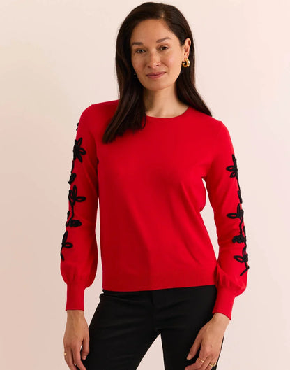 Kannon Long Sleeve Embroidered Sweater Scarlet red