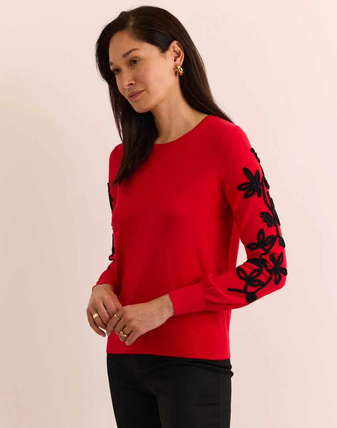 Kannon Long Sleeve Embroidered Sweater Scarlet red