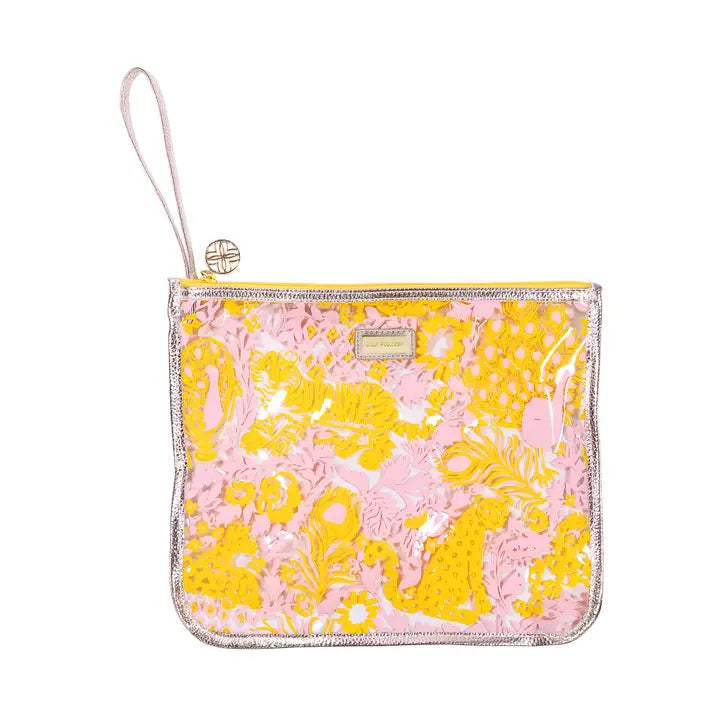 Lifeguard Press Paradise Pouch, Royal Zoo pink and yellow patterned pouch with a strap