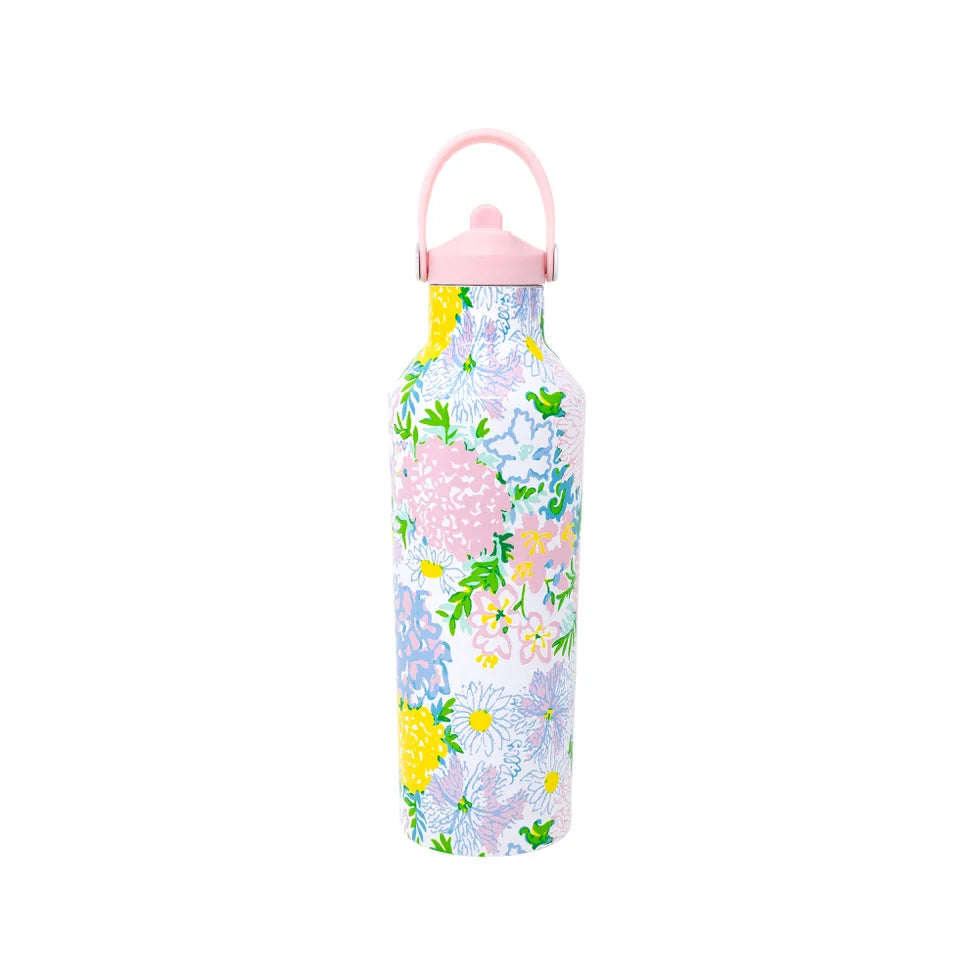 Lifeguard Press Stainless Steel Water Bottle, Lilly Garden Home floral-patterned water bottle with a pink cap 