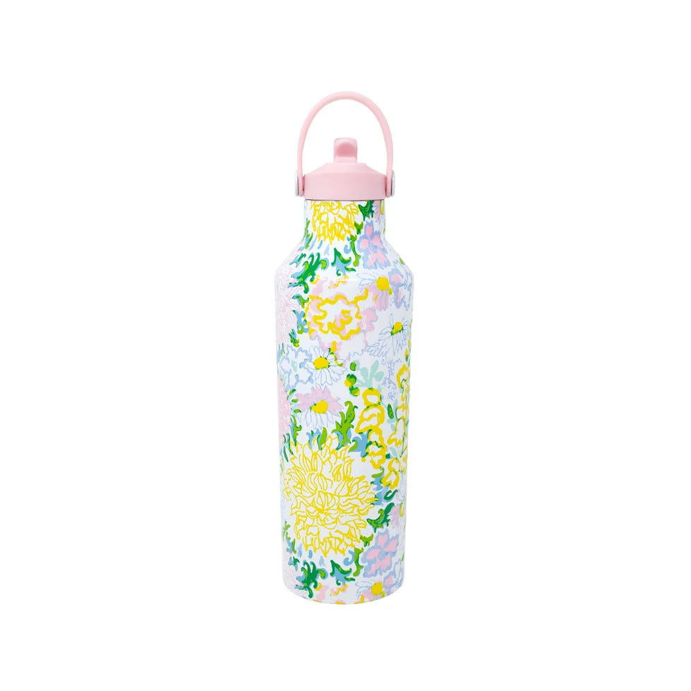 Lifeguard Press Stainless Steel Water Bottle, Lilly Garden Home floral-patterned water bottle with a pink cap 