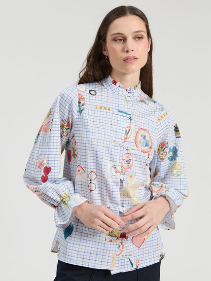 Vilagallo light blue gingham shirt with multicolor illustrations, style 33915, front view